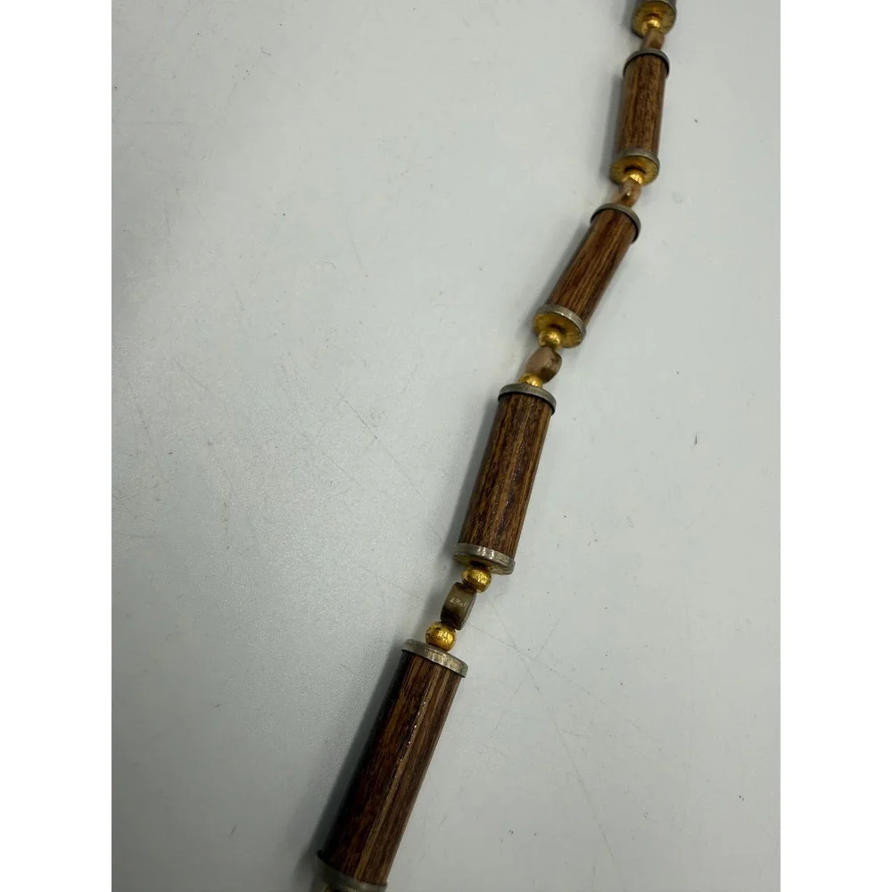 Vintage Trifari Wood Tube Bead Necklace Gold Tone Mixed Metal‎ Earthy Boho 22